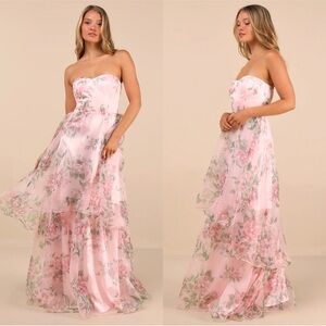 NWT LULUS Floral‎ Chiffon Strapless Tiered Cottagecore Formal Fairycore Gown L